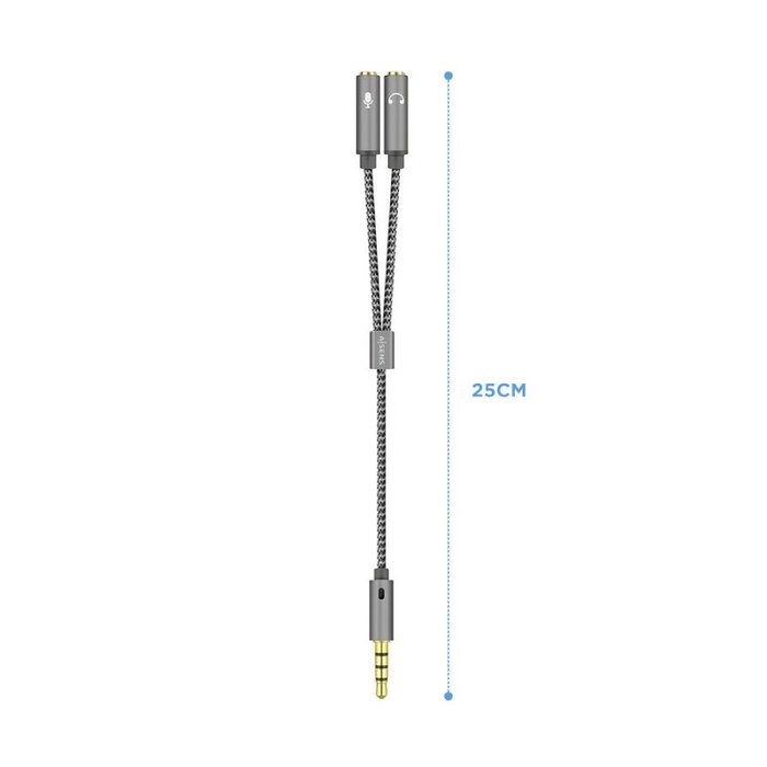 Aisens Adaptador de Audio Jack 3,5 mm Macho (4 Pines) a 2x Jack 3,5 mm Hembra (3 Pines), 25cm, Gris